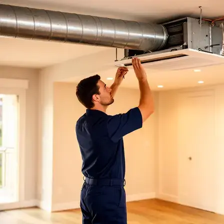 Professional technician inspecting air duct system